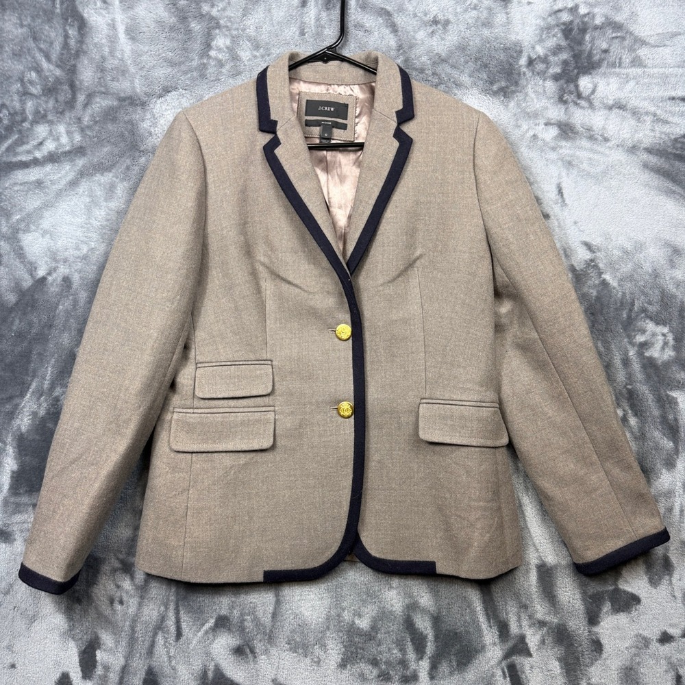 J.Crew Hacking Blazer Women 12 Brown Navy Trim Gold Crest Button Wool Blend Coat